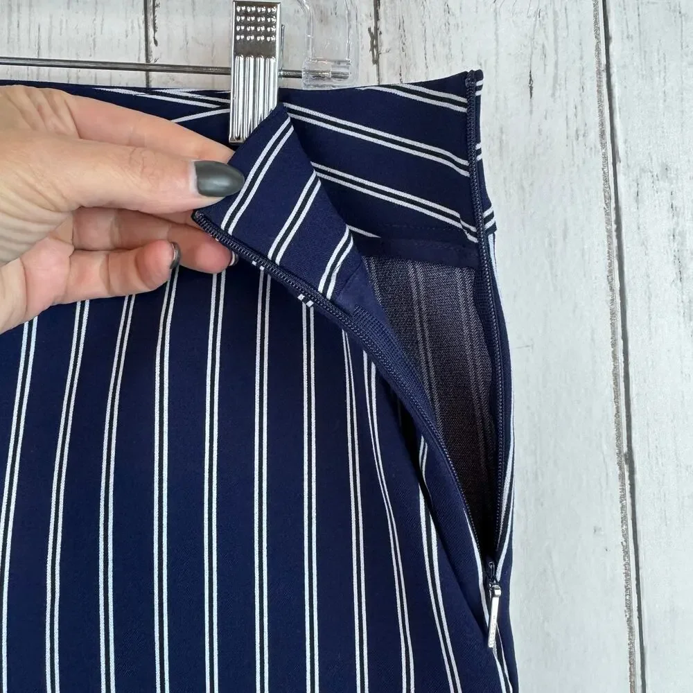 Hugo Boss Navy White Striped Tebella Cropped Bootcut Dress Pant Side Zip Size 8